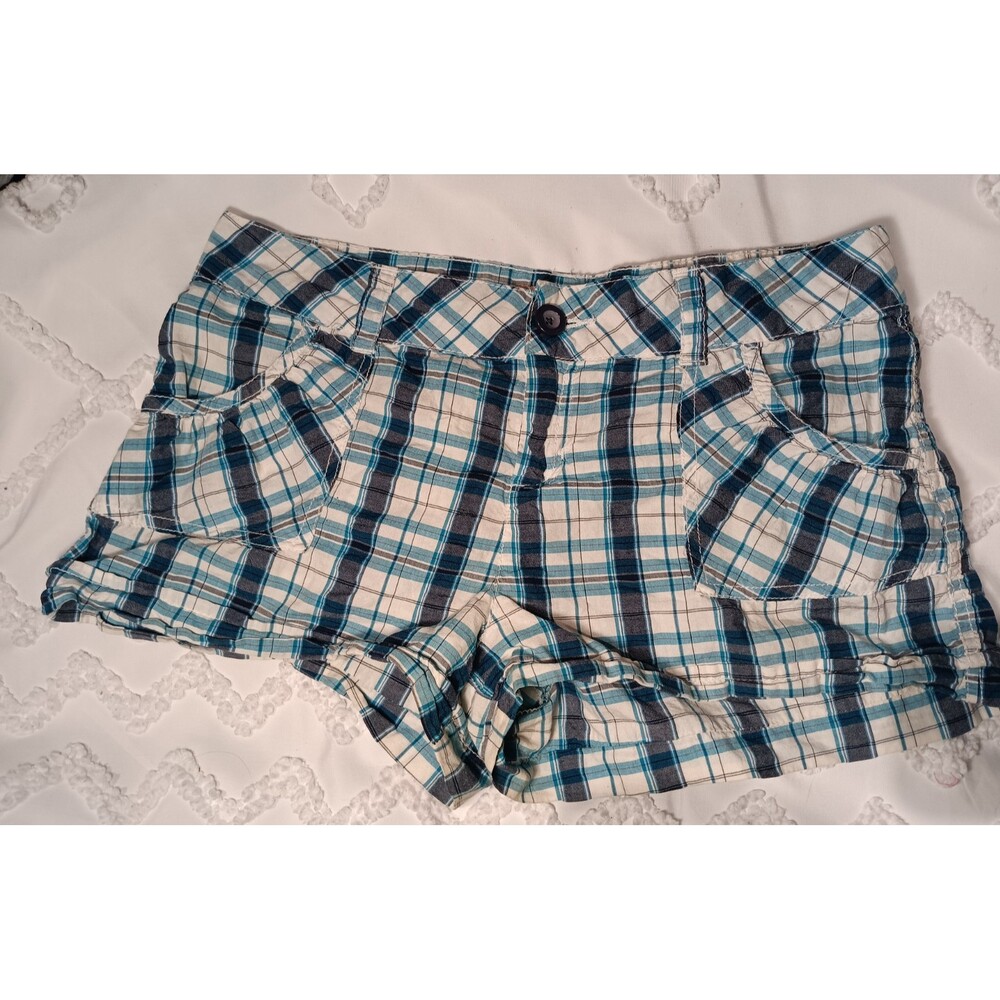 Y2K NOBO Juniors 13 Blue Plaid Shorty Shorts Low Rise Stretch 2000s